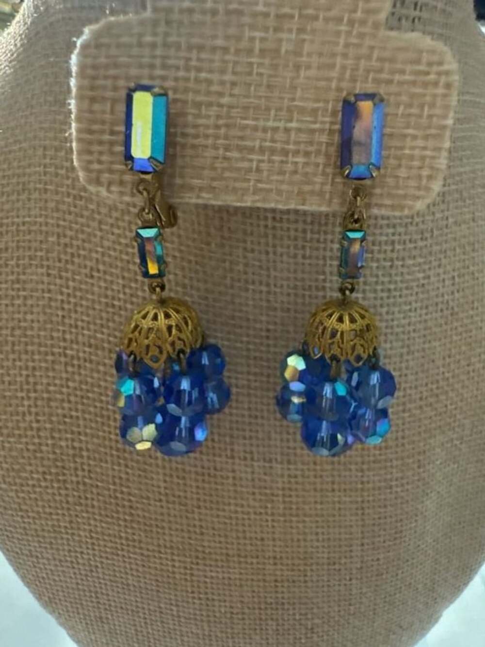 Lewis Segal California Blue Crystal Mini Chandelier Earrings, 1970s, Clip Backs